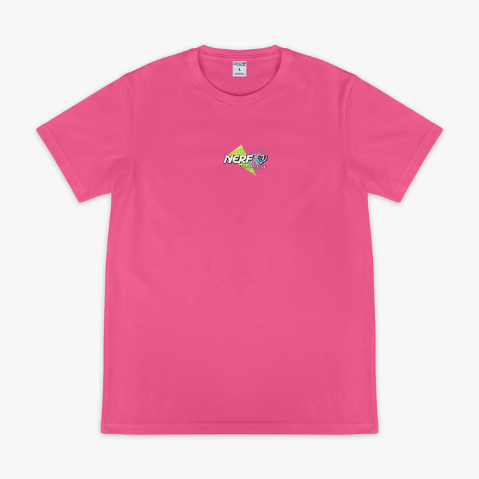 Pink t-shirt with a small 'NERF X BASEBALL Lifestyle' text and graphic on  chest against a white background