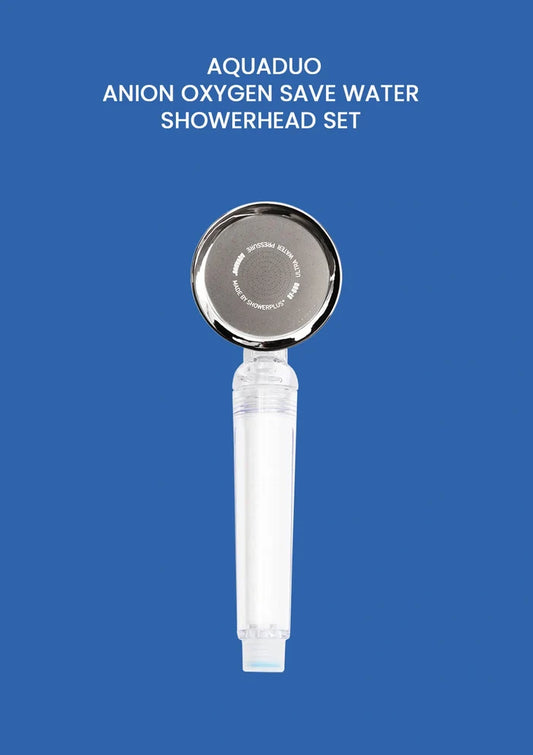 Aquaduo anion oxygen save water showerhead set on a blue background