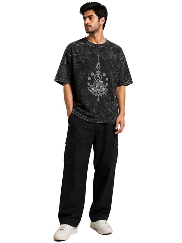 Arya Black Oversized Meditating Buddha Print Half Sleeve Cotton T-Shirt