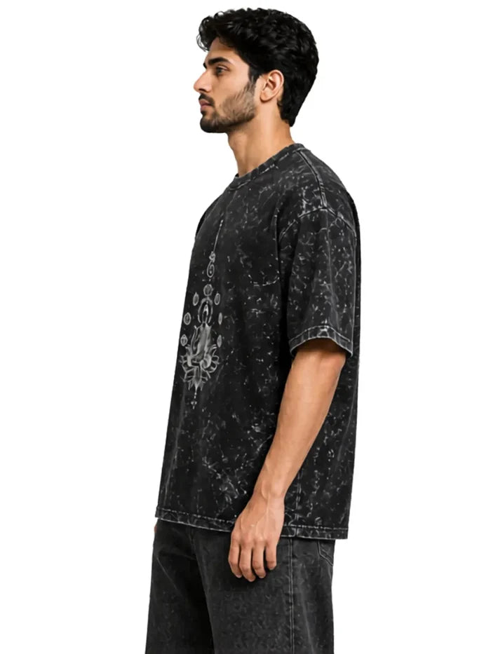 Arya Black Oversized Meditating Buddha Print Half Sleeve Cotton T-Shirt