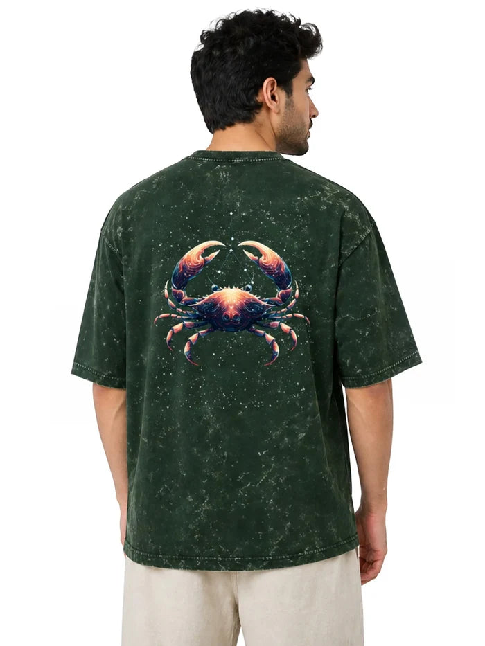Arya Bottle Green Oversized Zodiac Cancer Print Half Sleeve Cotton T-Shirt