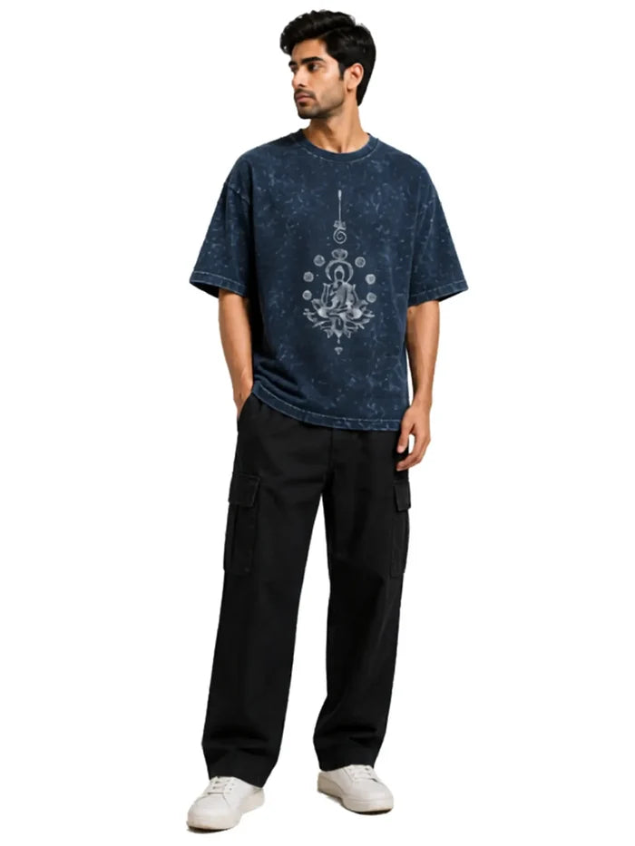 Arya Navy Blue Oversized Meditating Buddha Print Half Sleeve Cotton T-Shirt