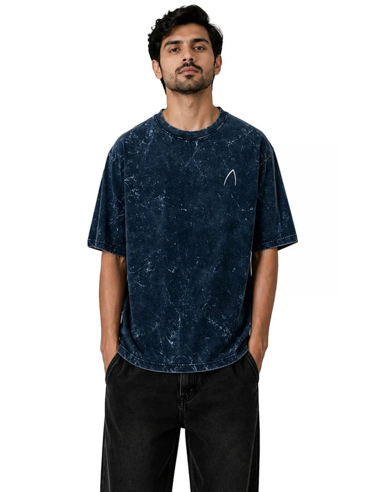 Arya Navy Blue Oversized Zodiac Gemini Print Half Sleeve Cotton T-Shirt
