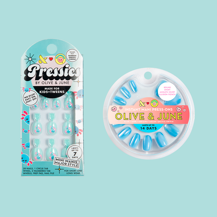 Axolotl Set featuring kids and adult press-on nails with blue and pink designs inspired by Peachybbies slime