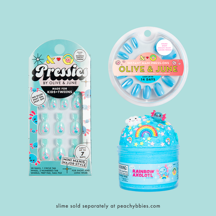 Axolotl Set showing blue-themed press-on nails for kids and adults alongside a rainbow axolotl slime container
