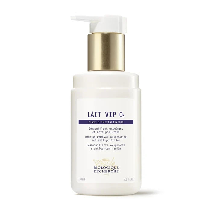 Biologique Recherche Lait VIP O2 150ml beauty product, creamy facial cleanser in a sleek white bottle with blue accents.