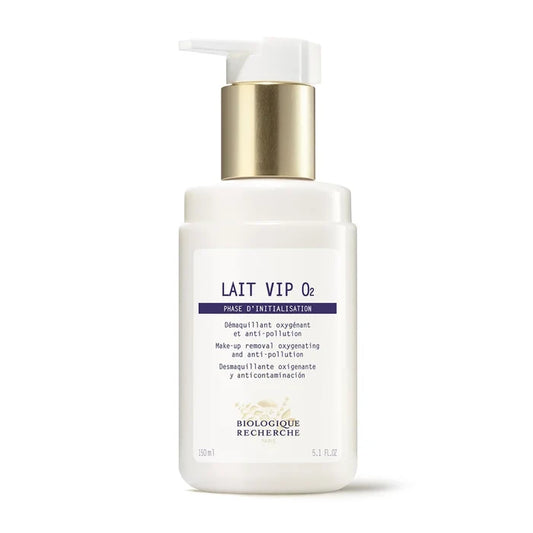 Biologique Recherche Lait VIP O2 150ml beauty product, creamy facial cleanser in a sleek white bottle with blue accents.