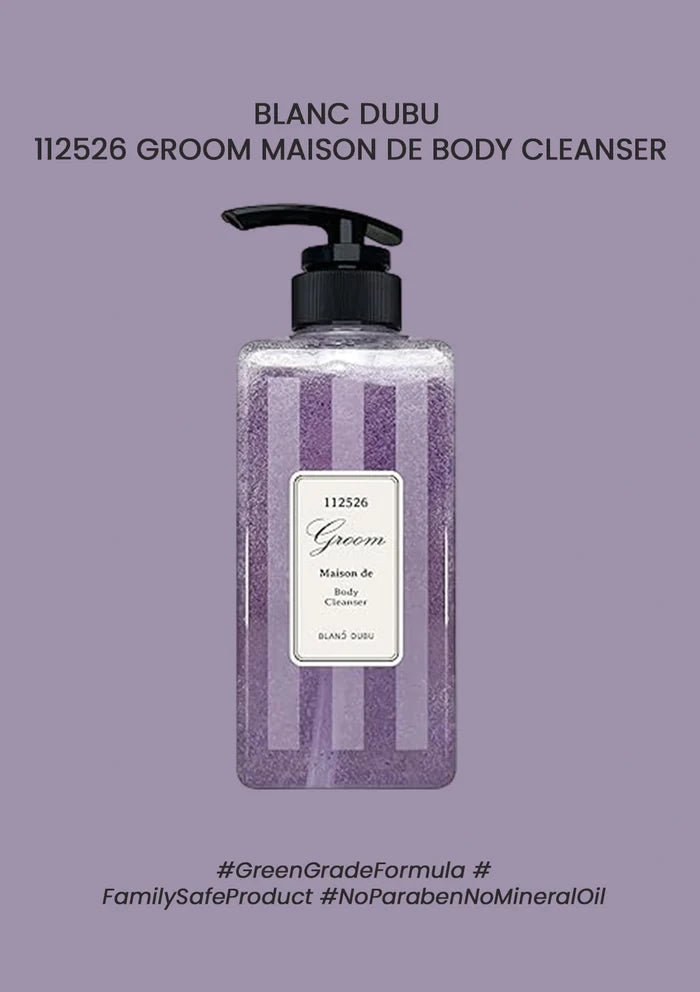 Body cleanser bottle with label on a purple background
