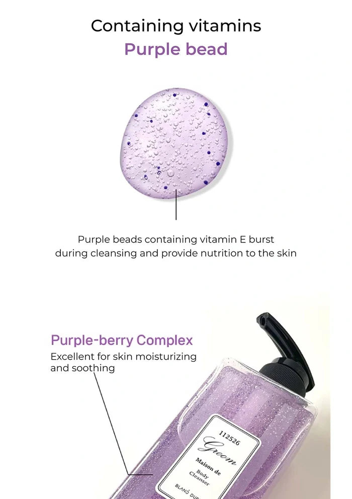 Purple bottle with purple beads and text about vitamins and berry complex on a white background