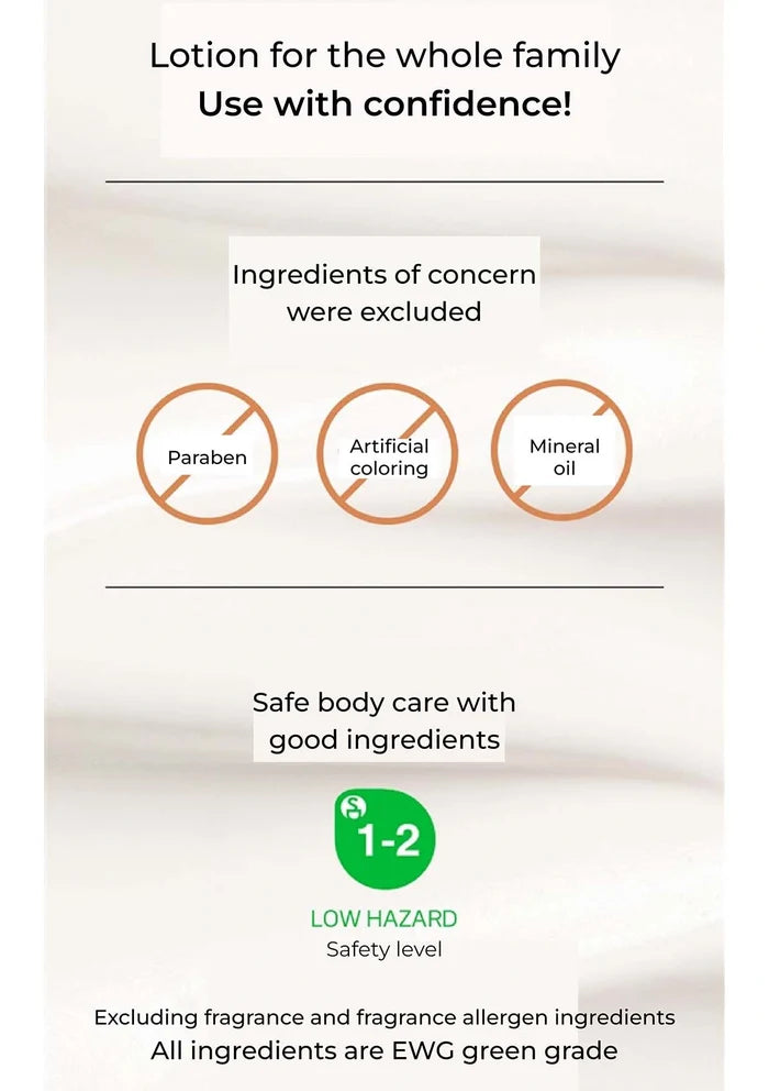 Product label for lotion with safety information and ingredient exclusions.