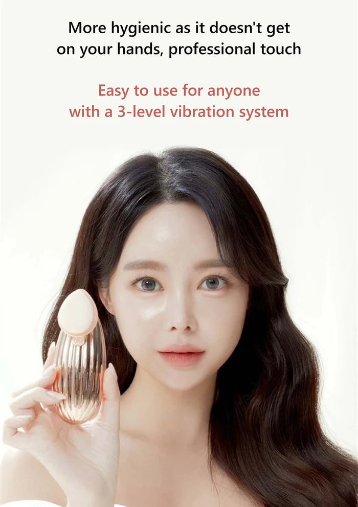 Woman holding a cosmetic product with text about its hygiene and ease of use.