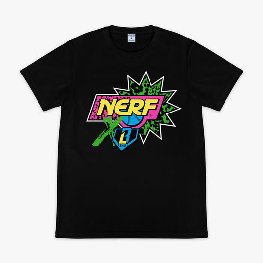 Black t-shirt with colorful 'NERF X BL101' logo on a white background