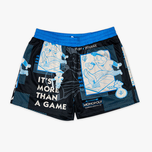 Youth model wearing youth shorts with “Boardwalk Slugger” design