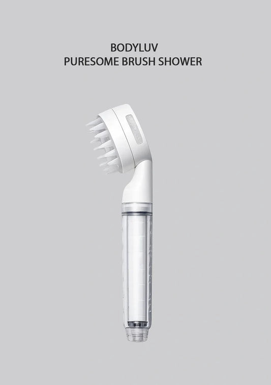 Bodyluv Puresome Brush Shower in white, featuring a flexible multi-bristle brush head and a clear water tank, shown against a solid gray background with product text above.