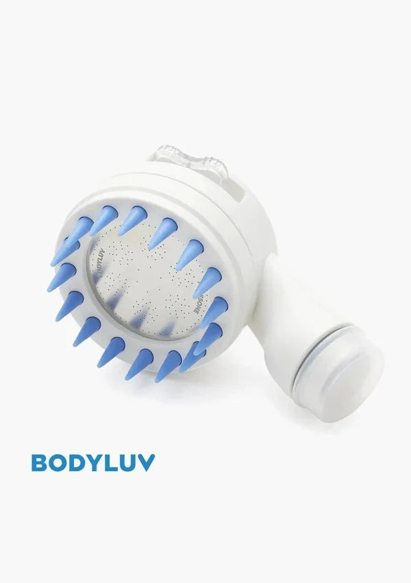 A white and blue body scrubber with a round bristle head and a side handle, shown on a light gray background with the brand name 'BODYLUY' printed in blue at the bottom left.