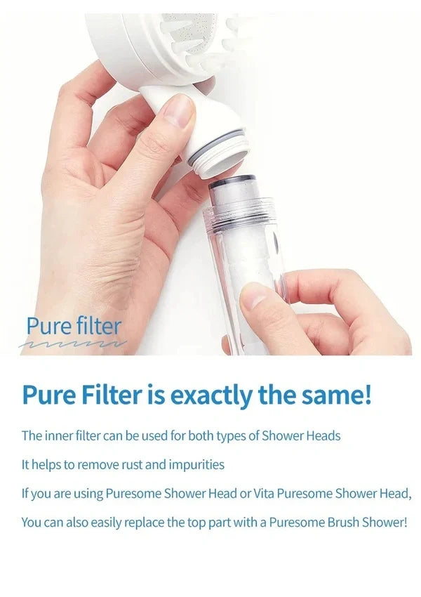 A close-up of hands replacing a clear inner filter cartridge into a white shower head attachment, with text explaining that the inner filter can be used for both shower head types and helping remove rust and impurities.
