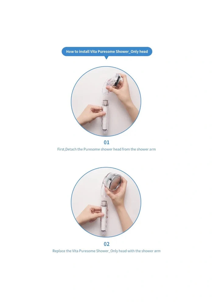 Instruction manual page showing how to install the Vita Pursue Shower Only Head, with two circular photos labeled 01 and 02 on a white background.
