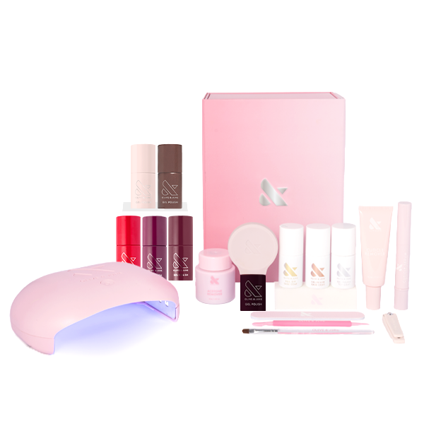 Bonus Fall Bestsellers Gel System by Olive and June with six seasonal gel polish shades and LED lamp for mani at home