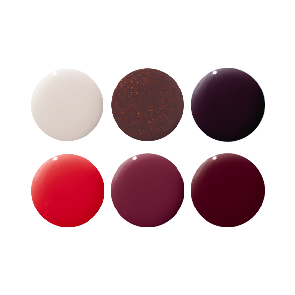 Bonus Fall Bestsellers Gel System showing six rich seasonal gel polish shades for lasting at-home manicures by Olive and June