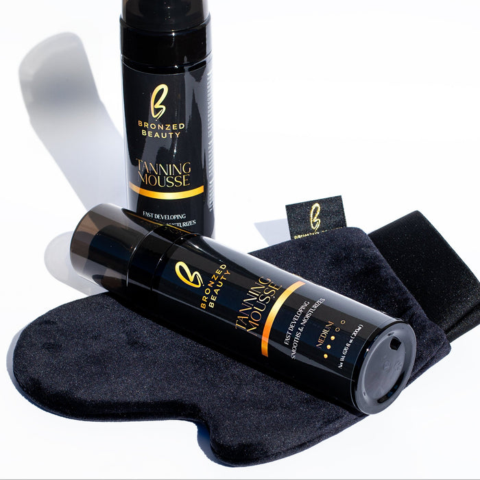 Bronzed Beauty Luxury Tanning Mitt with tanning mousse bottles
