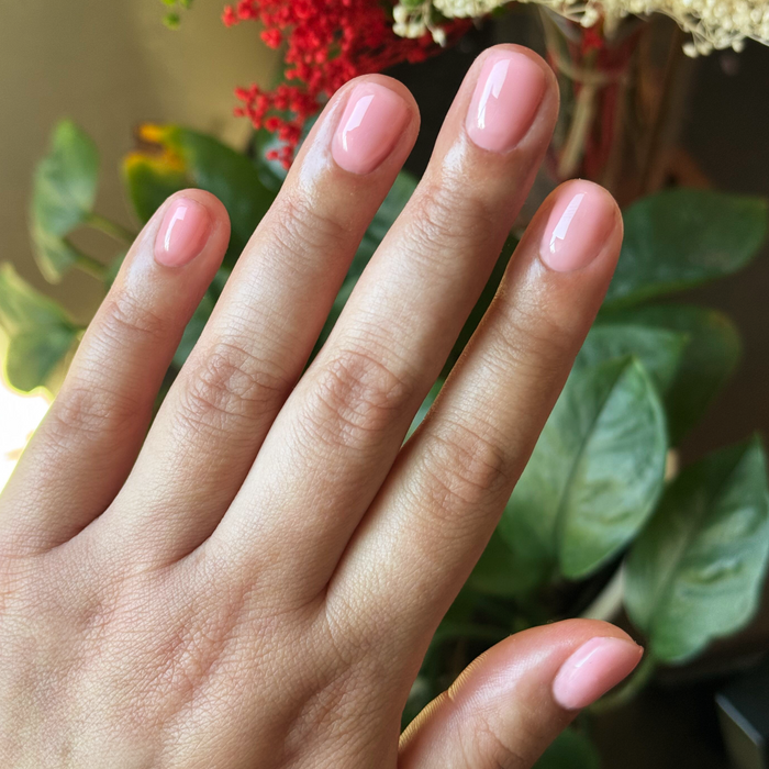 Bubble Gloss - Builder Gel on short natural nails with a glossy sheer bubblegum pink manicure against a leafy background