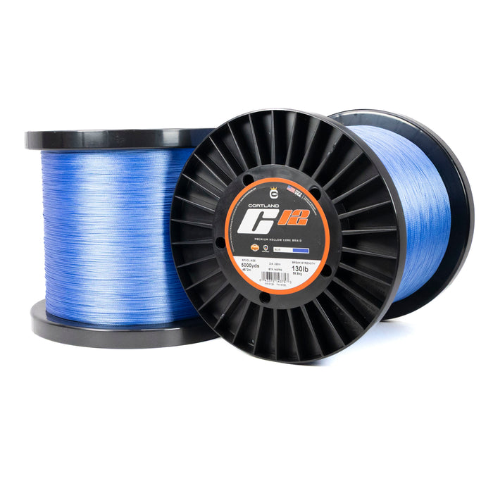 Two spools of blue C12 line with a Cortland Line label on a white background