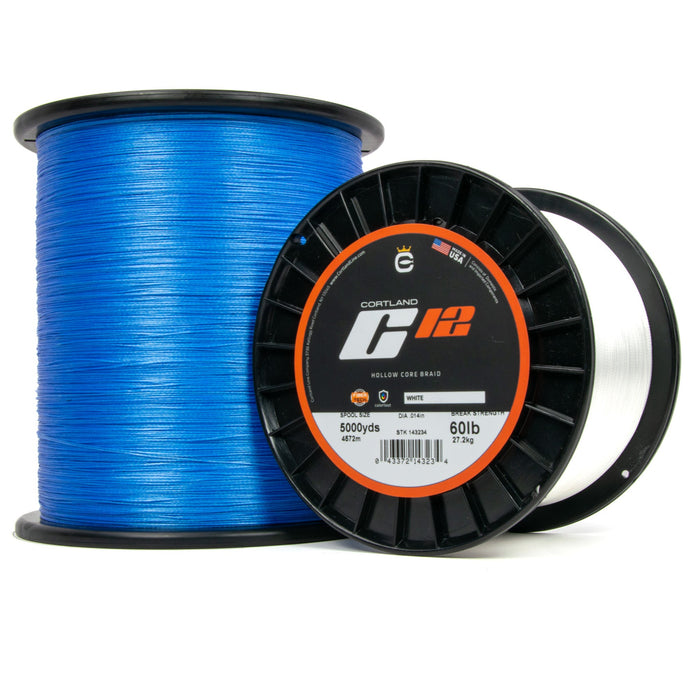 A spool of blue Cortland C12 Super Braid fishing line, with packaging displaying the product details.