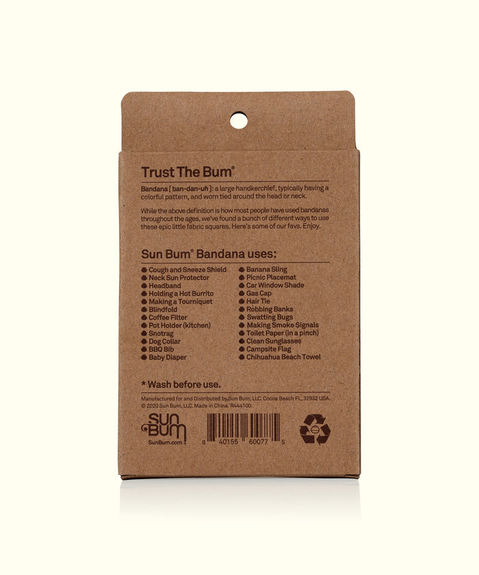 Back packaging of a Camo Bandana by Sun Bum, detailing its versatile uses such as headwear, face protection, and more. Perfect for festivals, outdoor activities, and everyday wear. Sun Bum