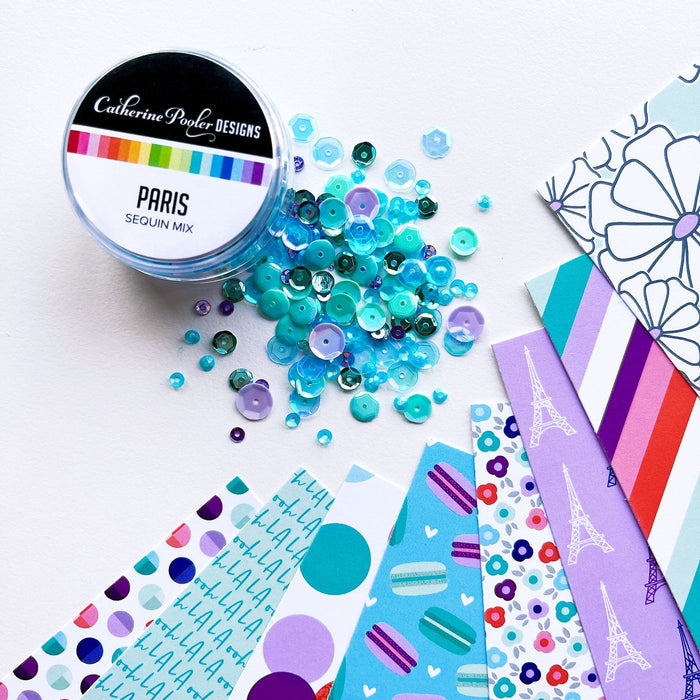 Catherine Pooler - Sequin Mix - Paris. Sitting in a sidewalk cafe alongside the Seine in the spring...sipping coffee and nibbling on sweet macarons.  This is the Parisian dream!  The Paris Sequin Mix is a jar of confection in shades that coordinate with Minted, Oh Boy! and Sixteen Candles Inks. Available at Embellish Away located in Bowmanville Ontario Canada.