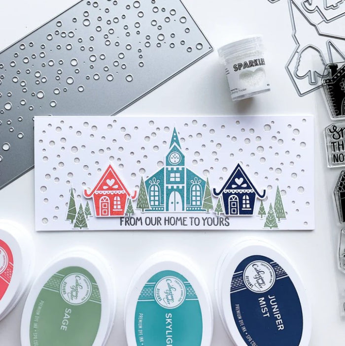 Catherine Pooler - Slimline Die - Flurries. The Flurries Slimline Die was created to add snow to your slimline cards! Keep it simple with a white on white look or ink blend with your favorite icy blues. Available at Embellish Away located in Bowmanville Ontario Canada. Card design by Catherine Pooler.