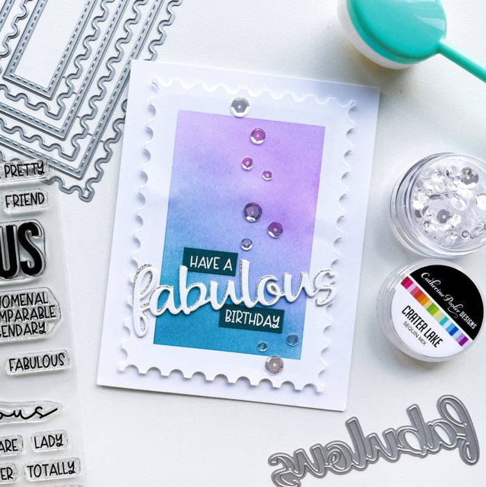 Catherine Pooler - Word Die - Fabulous. Make every paper project fabulous with the Fabulous Word Die.  This scripted word die is a sassy, modern font.  Use it alone as a fun statement on your card or pair it with the Just Plain Fabulous Sentiments Stamp Set for more sentiment options!  The Fabulous Word Die measures approx. 3 1/2" x 1 1/4". Available at Embellish Away located in Bowmanville Ontario Canada. Card by Ambassador.