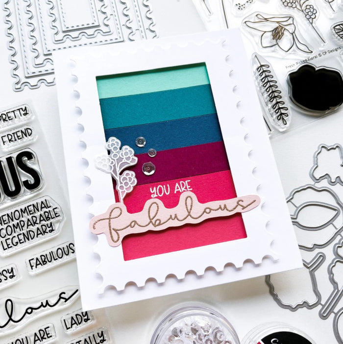 Catherine Pooler - Word Die - Fabulous. Make every paper project fabulous with the Fabulous Word Die.  This scripted word die is a sassy, modern font.  Use it alone as a fun statement on your card or pair it with the Just Plain Fabulous Sentiments Stamp Set for more sentiment options!  The Fabulous Word Die measures approx. 3 1/2" x 1 1/4". Available at Embellish Away located in Bowmanville Ontario Canada. Card by Ambassador.