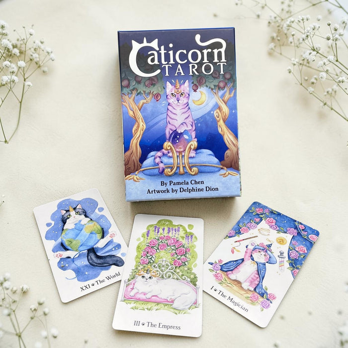 Caticorn Tarot cards with a box on a light background