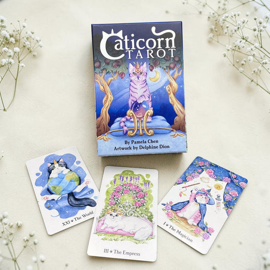 Caticorn Tarot cards with a box on a light background