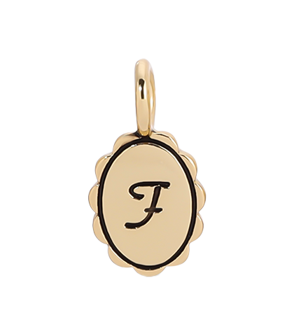 Gold scalloped initial charm from Lucky Feather Charm Garden collection, featuring a delicate, decorative letter F.