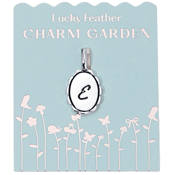 Silver scalloped initial charm with letter E from Lucky Feather Charm Garden collection, featuring intricate design and polished finish.