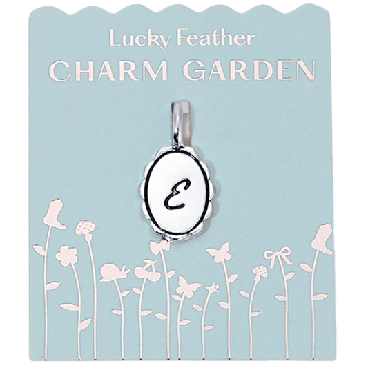 Silver scalloped initial charm with letter E from Lucky Feather Charm Garden collection, featuring intricate design and polished finish.
