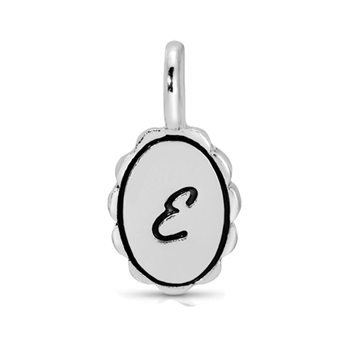 Silver scalloped initial charm with letter E from Lucky Feather's Charm Garden collection, featuring intricate design details.