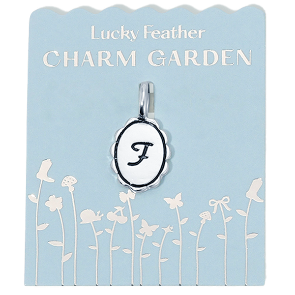 Silver scalloped initial charm with letter F from Lucky Feather Charm Garden collection, featuring intricate design and polished finish.