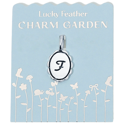 Silver scalloped initial charm with letter F from Lucky Feather Charm Garden collection, featuring intricate design and polished finish.