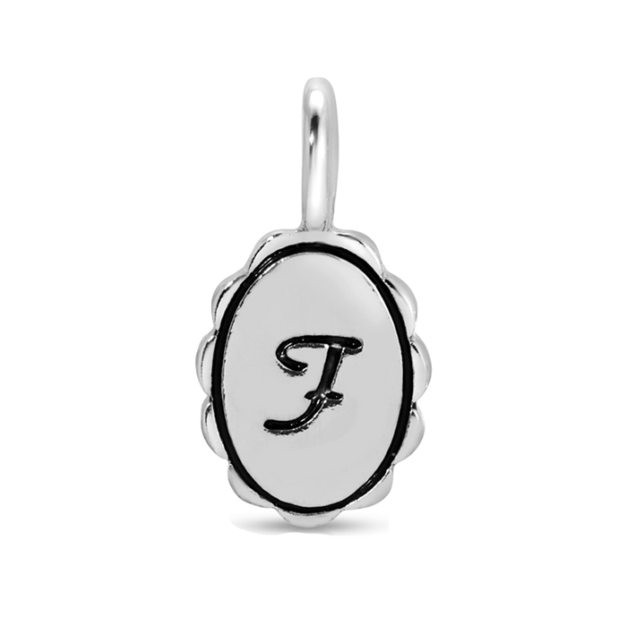 Silver scalloped initial charm with letter F from Lucky Feather Charm Garden collection, featuring intricate design details.