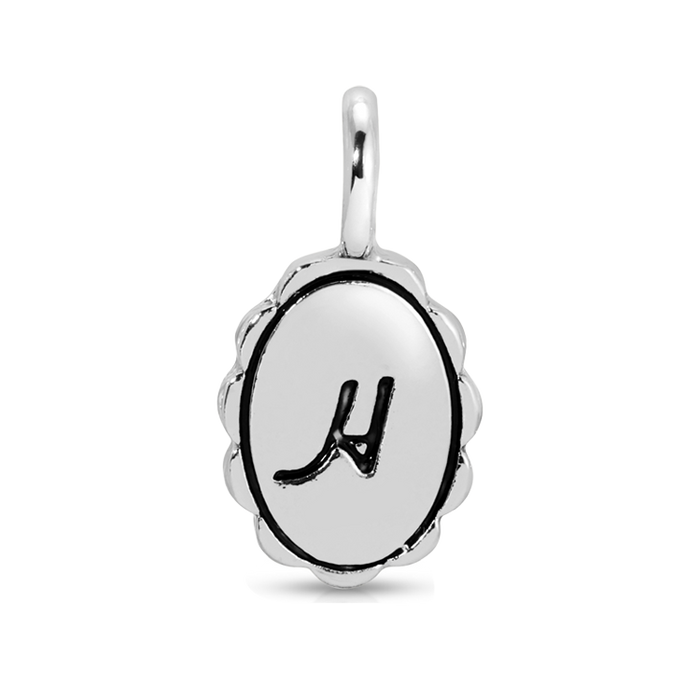 Lucky Feather silver scalloped initial charm featuring the letter H, designed as a delicate charm for jewelry.
