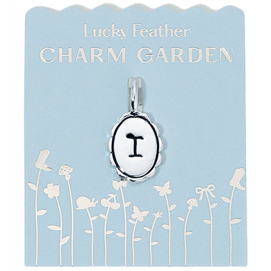 Silver scalloped initial charm with the letter I from Lucky Feather Charm Garden collection, featuring intricate detailing and polished finish.