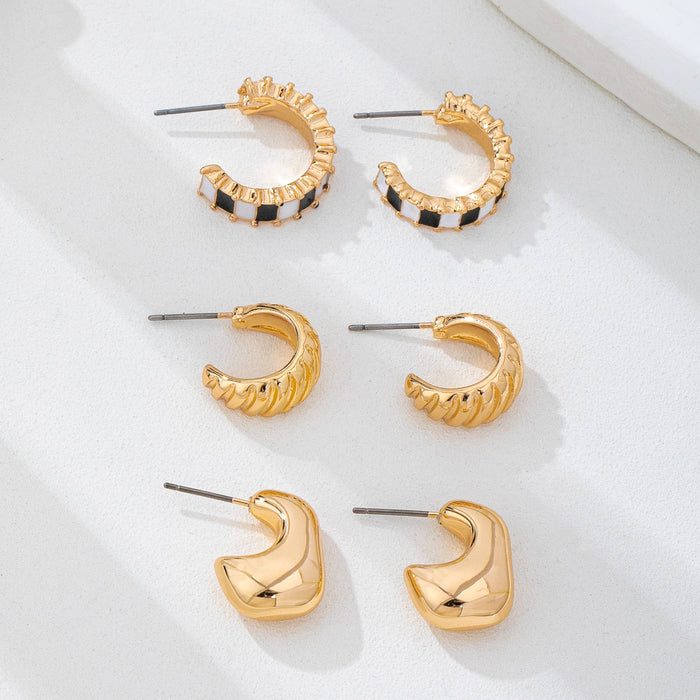 Checker Textured Huggie Hoop Trio Earrings Gold