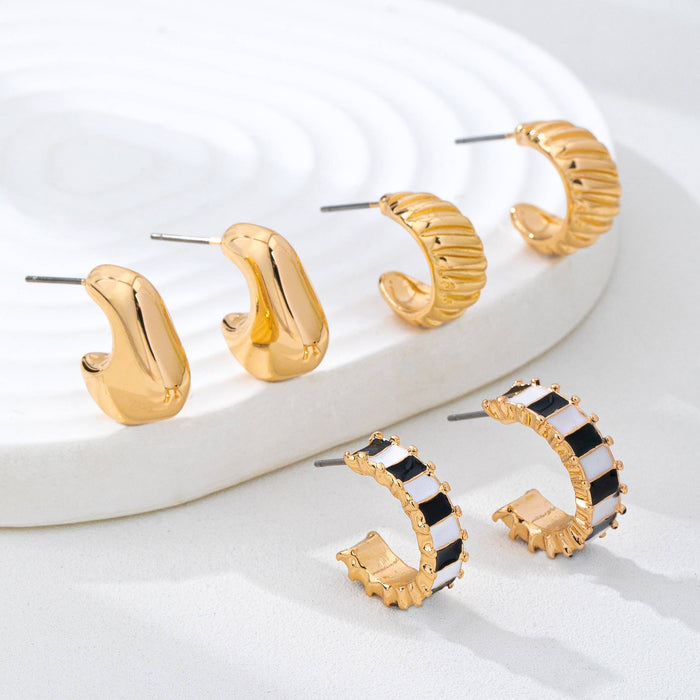 Checker Textured Huggie Hoop Trio Earrings Gold