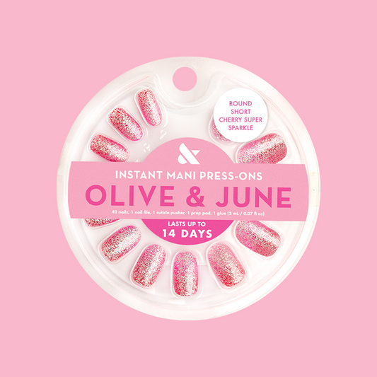 Cherry Super Sparkle - Press On | Short | Round pink glitter press-on false nails in a short round shape manicure set