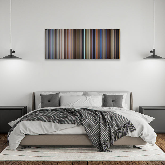 City of Angels color palette canvas above a bed, between two black pendant lamps