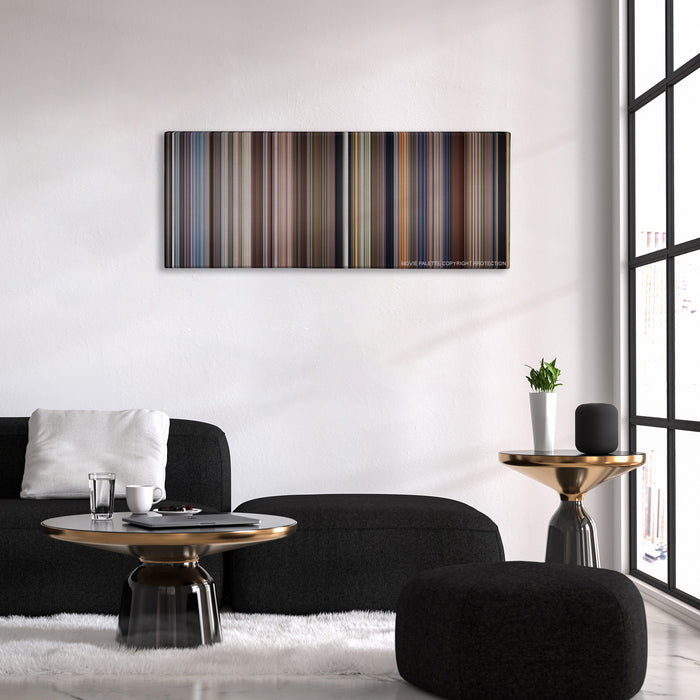 City of Angels color palette canvas above a black sofa with a gold-topped table