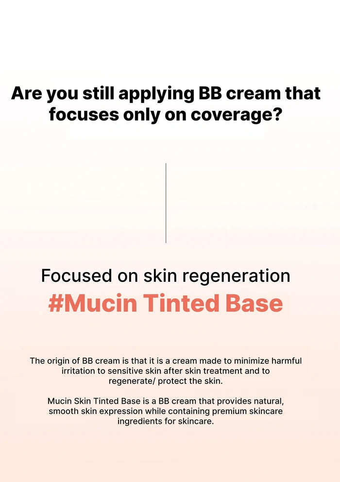 A text-based promotional graphic for Mucin Tinted Base BB cream, with black headline text on a white-to-pale-pink gradient background and descriptive copy about skin regeneration and BB cream benefits.