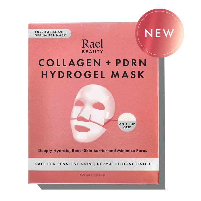 Rael Beauty Collagen + PDRN Hydrogel Mask packaging on a white background